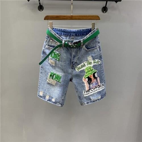 2021 New Summer Fashion Women Hot Shorts Hole Sequinsbeading Straight Jeans All-match High Waist Knee-length Denim Pants