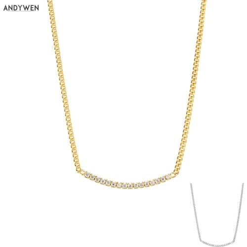 ANDYWEN New 925 Sterling Silver Gold 27mm Line Zircon Charm Pendant Necklace Long Chain Choker Necklace Fashion Women Jewelry