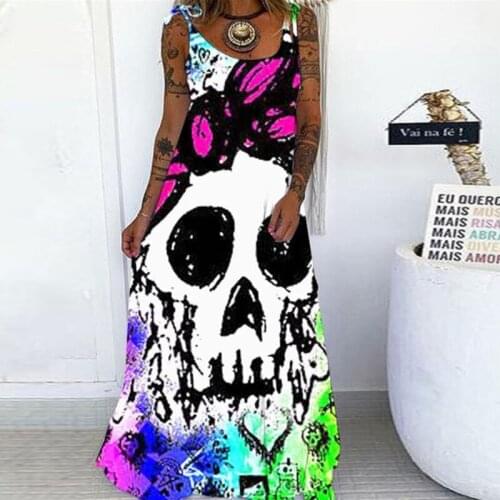 3D Punk Skull Print Women Dress 2021 Summer Sexy Sleeveless Sling Long Party Dresses Fashion Female Maxi Sundress Femme Vestidos