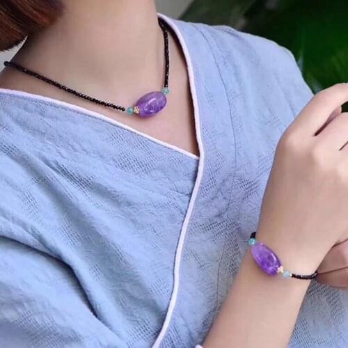 JoursNeige Natural Lavender Crystal Bucket Bead With Black Spindle Clavicle Chain Necklace With Bracelet Sets for Women Jewelry