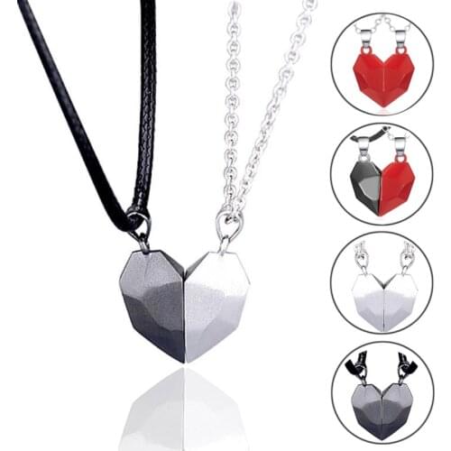 Minimalist Lovers Matching Friendship Heart Pendant Couple Magnetic Distance Faceted Heart Pendant Charm Necklace Couple Jewelry