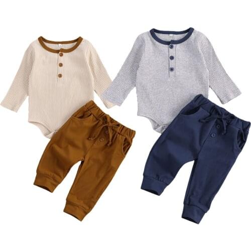 Baby Boy Casual 2PCS Set, Crew Neck Button Long Sleeve Romper Solid Color Drawstring Pocket Pants, Fall Winter Clothes Outfit
