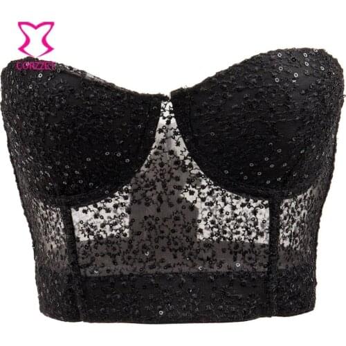 Plus Size Black Lace Sequind Mesh Push Up Bralet Bustier Fashion Sliming Trainer Clubwear Party Bra Corset Top Vest For Woman