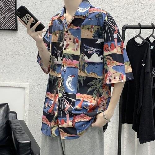 Short Sleeve Shirt Men Casual Hawaiian Beach Shirts Trend Coat Oversize Five-point Sleeve Top Loose Male Clothes Thin Streetwear