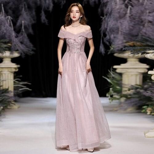 Off Shoulder Evening Dresses Long Women 2021 Pink Elegant Tulle A-line Prom Gown Reception Princess Birthday Oriental Party Gown
