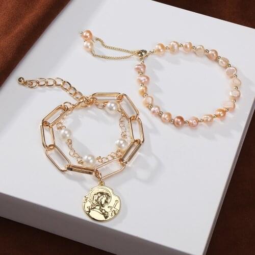Flower Pearl Pendant Bangles Bracelet Vintage Pearl Bracelet For Women Korean Female 2021 Punk Lock Chunky Chain Bracelets