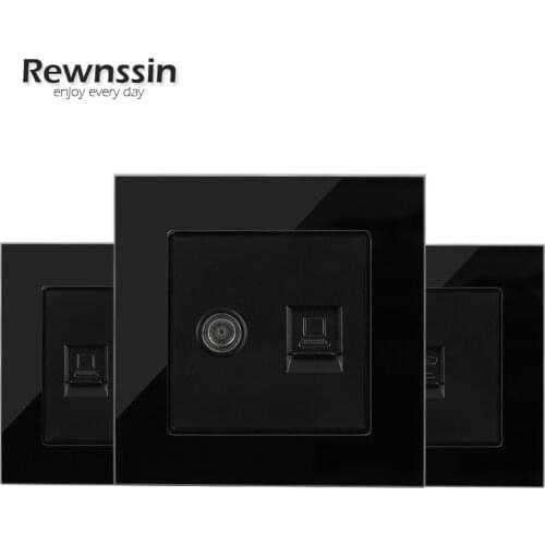 Cat5e RJ45 Network Port Data TV Satellite Signal Internet Outlet Telephone Wall Socket PC Data Female Socket Black Glass Panel
