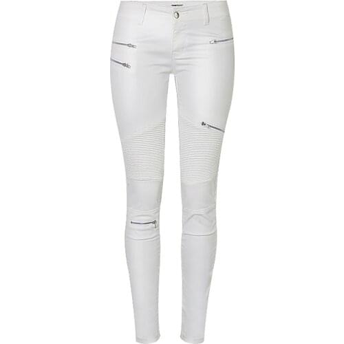 Spring Autumn fashion white jeans womens stitching multi-zipper locomotive PU coated imitation leather large size jeans K195