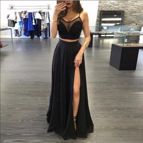 Sexy Black 2 Pieces Split Long Prom Dresses High Thigh Slit Evening Party Dress See Through Chffion Graduation Gowns Club Wear
