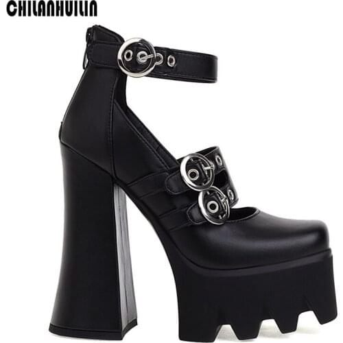 High quality Mary Janes microfiber high heels pumps women buckle square heeled ladies office shoes woman casual party dress shoe