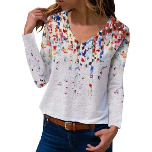 Spring And Autumn Women V-neck T-Shirt Slim Long Sleeve Tops Temperament Commuter Floral Print Pullover All-match Lady T Shirt