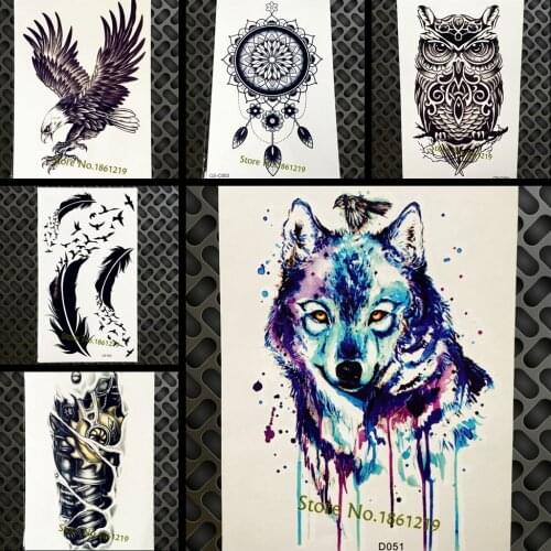 Blue Water Color Wolf Temporary Tattoo Stickers Women Body Art Arm Fake Flash Tattoo Decals, Waterproof Painting Tatoo Men Legs