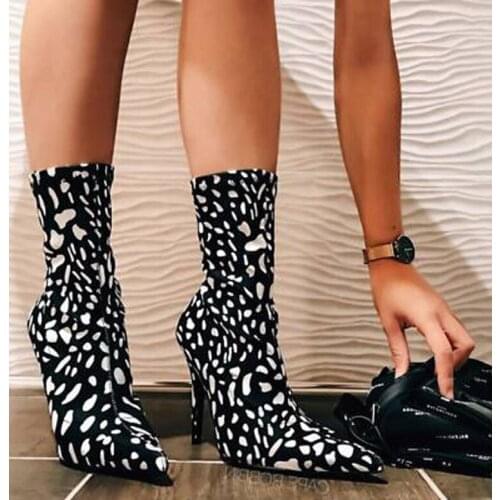 2020 Womens Short Boots Polka Dot Winter Sexy Boot Fashion Denim High Heel Stiletto Heels Ankle Boots Pointed Toe Shoes Club