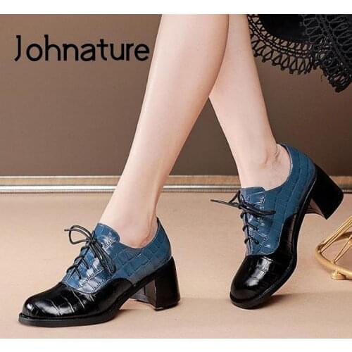 Johnature Genuine Leather 2021 New Handmade Lace-Up Spring/Autumn Pumps Women Shoes Retro Concise Platform Heels Ladies Shoes