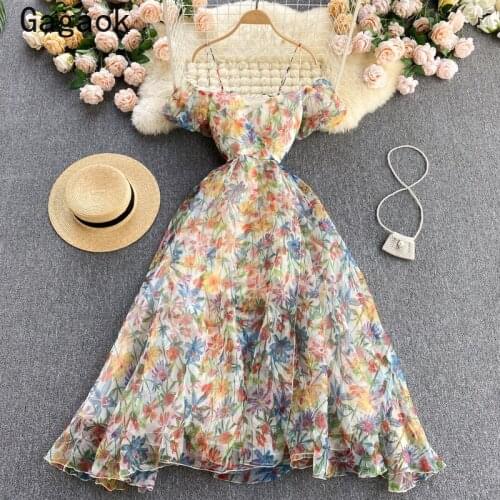 Gagaok Formal Dress Women 2021 Summer New V-Neck Puff Sleeve Print Bandage Long Party Dresses Fashion Elegant Chic Vestidos