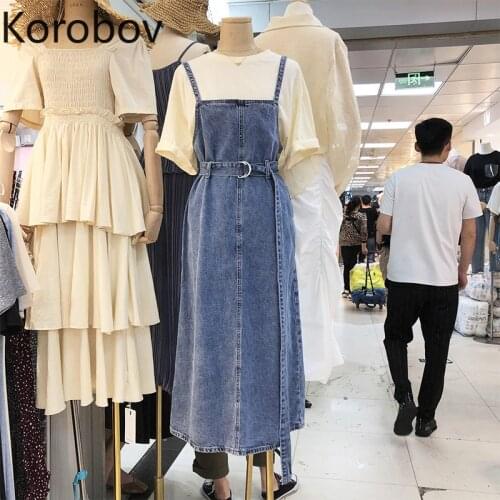 Korobov 2020 Summer New Arrival Women Denim Dress Preppy Style Streetwear Dresses Vintage High Waist Button Vestidos Mujer