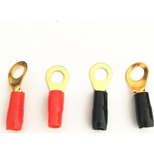 100pcs/lot Black Red Tube Insulated Golden Plated 8GA Ring Connector Terminal Car Audio Amplifier Wiring