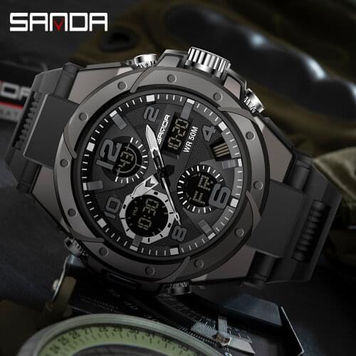 SANDA Fashion Top Military Sports Mens Dual Display Luminous Quartz Watch 5ATM Waterproof G Style Mens Watch Relógio masculino