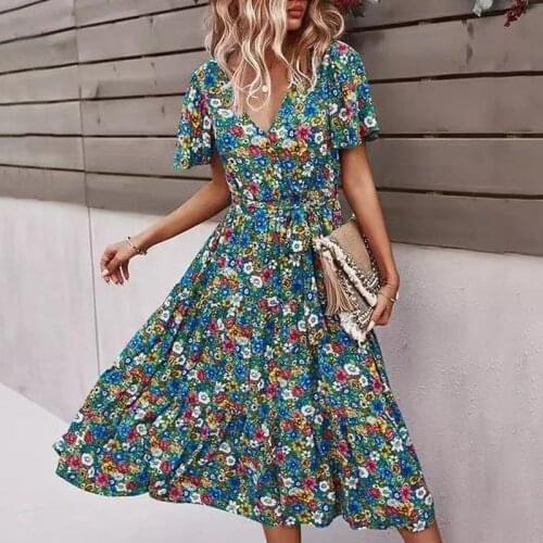 Elegant Woman Floral Midi Dress Fashion Print Casual Short Sleeve V-neck Belt Bohemian Beach Dresses For Women Robe Femme 2021