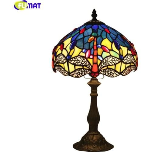 FUMAT Blue Stained Glass Table Lamp Red Dragonfly Tiffany Style Lampshade Alloy Frame Desk Light Handcraft Arts Home Decor 8Inch