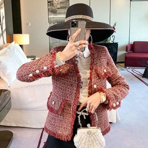 Korean high quality Spring Women Tweed Jackets New Ladies Pearl buttons Tassel Long Sleeve Red Single Breasted V Neck Coats QT57