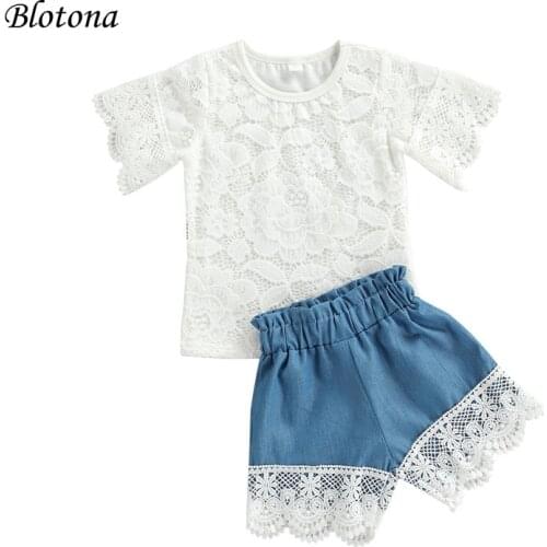 Blotona 2Pcs Toddler Summer Tracksuits, Solid Color O-Neck Short Sleeves T-Shirt + Lace Splicing Shorts Suit for Girls 0-5Years