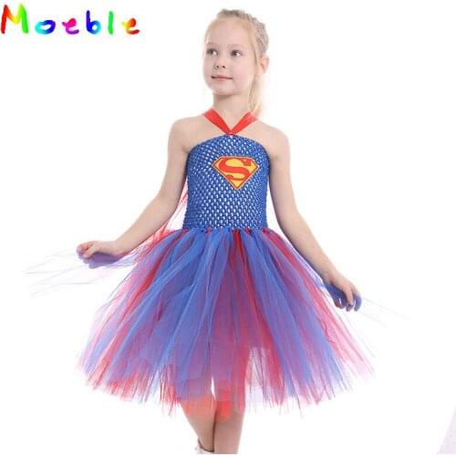 Red Blue Supergirl Girls Tulle Tutu Dress Princess Summer Dress Halloween Children Cosplay Costume Baby Kids Party Dresses