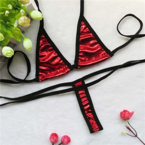 Micro bikini Sexy swimwear women swimsuit women biquini mini bikinis Patent leather Solid color Bright light Long striped thong