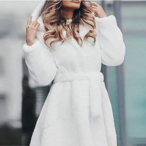 Long Winter Faux Fur Coat Thicken White Coat Lace-up Solid Color Slim Long Plush Faux Fur Hooded Warm Jacket New Fashion Outwear