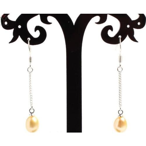 Women Jewelry Earring 8-10mm Bright yellow pink Oval round Pearl Dangle chain hook Earring natural freshwater pearl