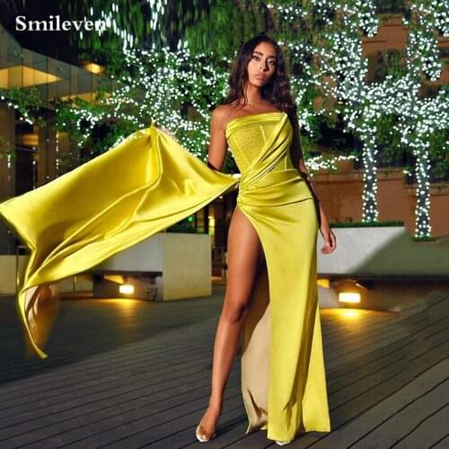 Smileven Yellow Peats Sexy Mermaid Evening Dress Sexy Strapless High Side Split Prom Dresses Dubai Celebrity Dresses Party Gowns