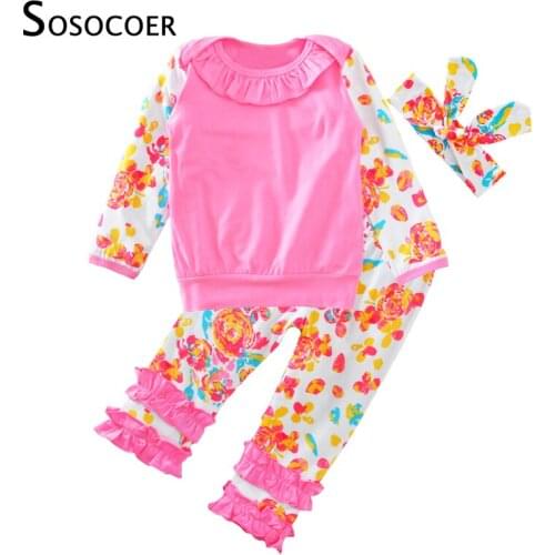 SOSOCOER Cute Girl Clothing Sets 2017 New Flower T-shirts+Pants+Headband 3pcs Baby Clothes Autumn Floral Kids Girls Clothing Set