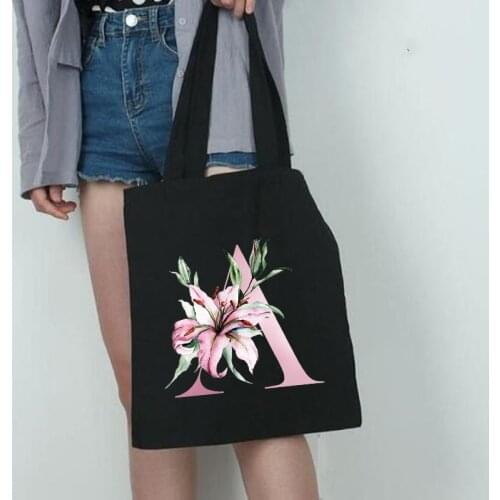 Pink letter print Women Shopping Bag Female Canvas Cloth Shoulder Bag casual Storage Handbag Reusable Foldable Eco Grocery Totes