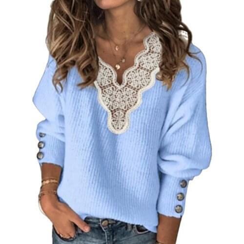 Sweater Women Autumn Winter Long Sleeve Lace Patchwork V Neck Buttons Sweater Jumper
