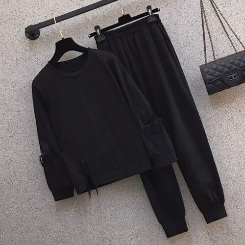 Sweatshirt suit 2021 spring plus size women long sleeved hollow tassel loose top and pants sports two piece sets black cloth big