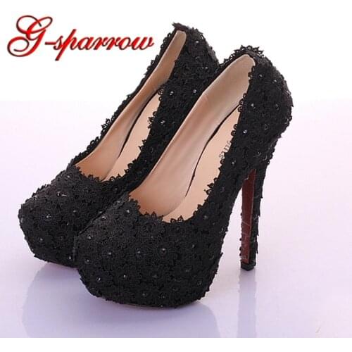 Black Lace Flower Girl Birthday Party Shoes Lady Farewell Ceremony High Heels Pink Red Color 14cm Rhinestone Heel Wedding Shoes