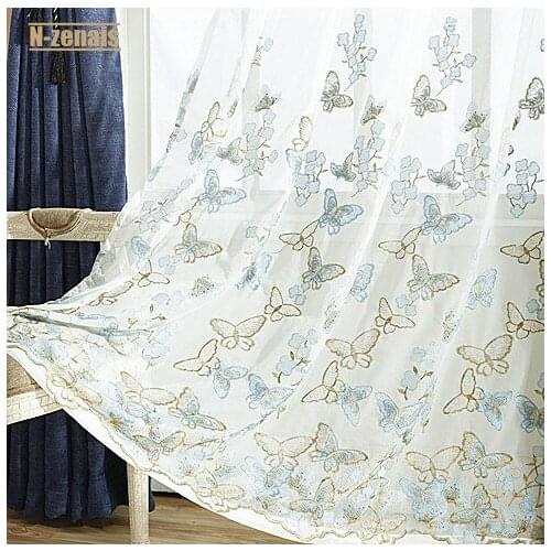 Blue Butterfly Tulle Embroidery Curtain Window Tulle Tulle Curtain for Living Room and Bedroom Left and Right Biparting Open