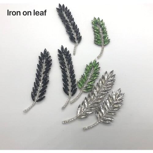 Diamond crystal iron on hotfix leaf shape beaded applique patches motif diy for clothing bordados para ropa