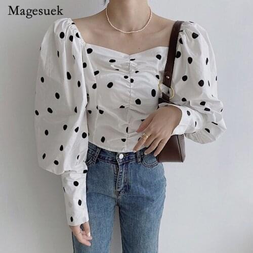 Korean Polka Dot Women Blouse Fashion Long Puff Sleeve Spring Square Collar White Black Tops Vintage Casual Shirt Women 14338