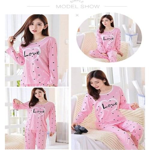 Women Autumn Winter Pajamas Set Cartoon Printed Long-sleeved Love Heart Print O-neck Pajamas + Sleep Pants