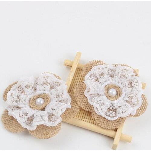 10pcs/lot Handmade Burlap fabric Lace Rose Pearl Shabby Chic Flowers Natural color Rustic Wedding Decoration Crafts