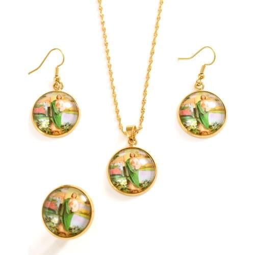 14 k Yellow FineGold Virgin Mary religions Jewelry Set Trendy Our Lady Women Men party cz Cross Pendant earring Set Nation