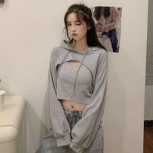 2021 New Autumn Casual Temperament Womens Hooded Short Sweater Stacked Two-piece Camisole DF439