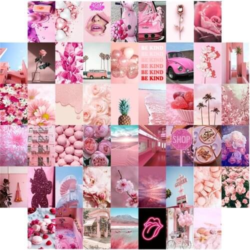 50Pcs Pink Girl Style Series Small Fresh Postcard Wall Sticker Set Nice Pink Flower Macaron Picture for Wall Collage Room Decor