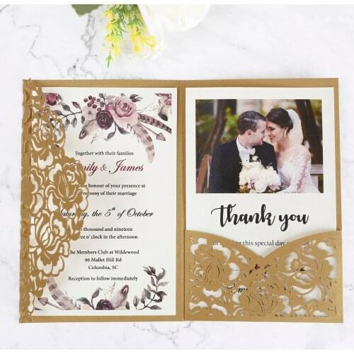50pcs Gold Laser Cut Floral Invitation Cards for Wedding / Party / Quinceanera / Anniversary / Birthday, CW0008