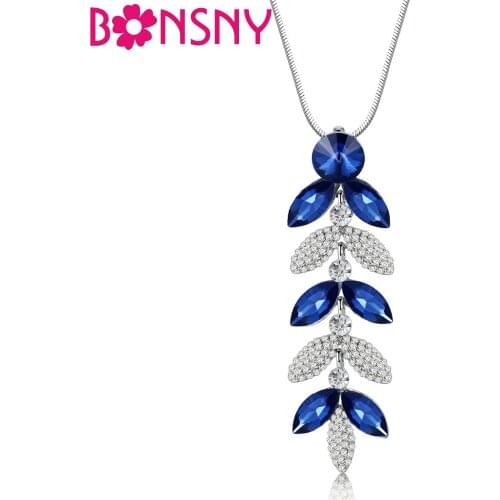 Bonsny Opal Rhinestone Novelty Leaf Necklace Crystal Silver Pendant Chain Choker Fashion Jewelry For Women Girl Lady Accessories