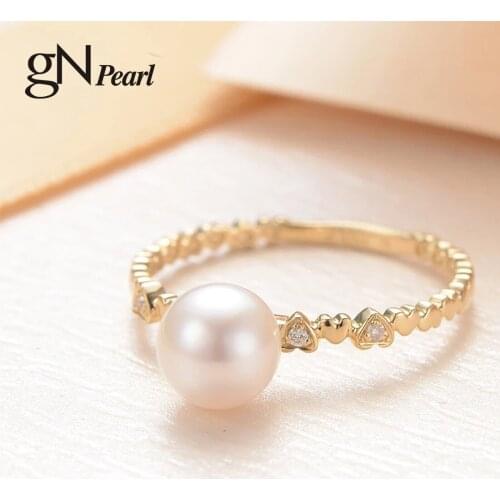GN Pearl Crown Design 6.5-7mm Real White Natural Sea Pearl 18K Gold Ring Zircon gNPearl Fine Jewelry for Women Girls Gift