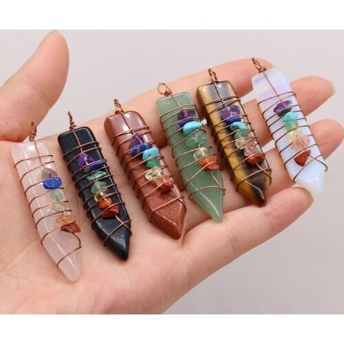 Handmade Wrap Pendulum 7 Chakra Pendant Healing Balance Reiki Natural Gem Stone Tiger Eye Opal Point Sword DIY Necklace Jewelry