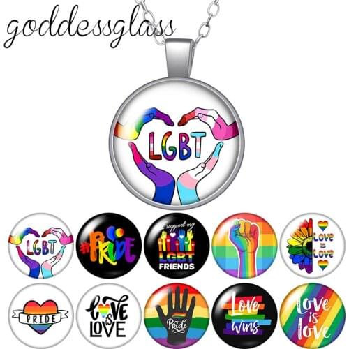 LGBT rainbow flag Love is Love Pride Hearts Round Glass glass cabochon silver plated/Crystal pendant necklace jewelry for Gift