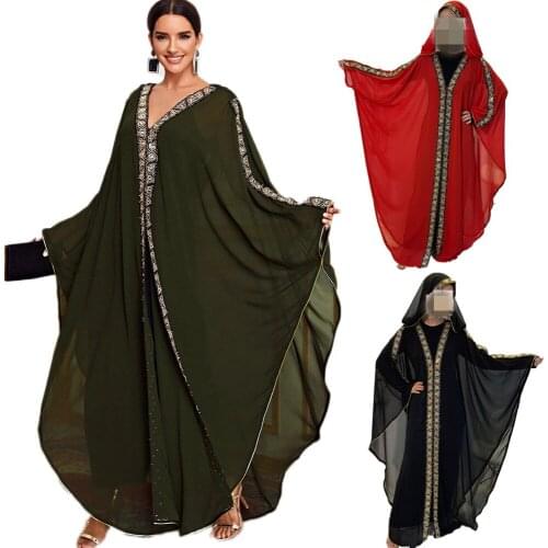 Muslim Abaya Loose Women Kaftan Maxi Robe Batwing Sleeve Hooded Sequin Bead V-neck Elegant Chiffon Long Dress Party Islamic Gown